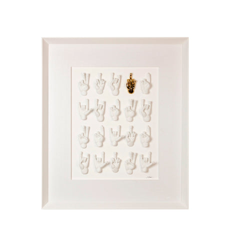 Multimani - sculptures in colored and gilded resin on a white background frame with an Italian handcrafted frame