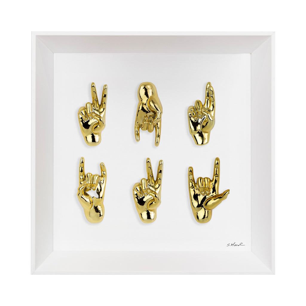 Multimani - sculptures in silver and gold SHINY resin on black background frame with Italian handcrafted frame 30x30