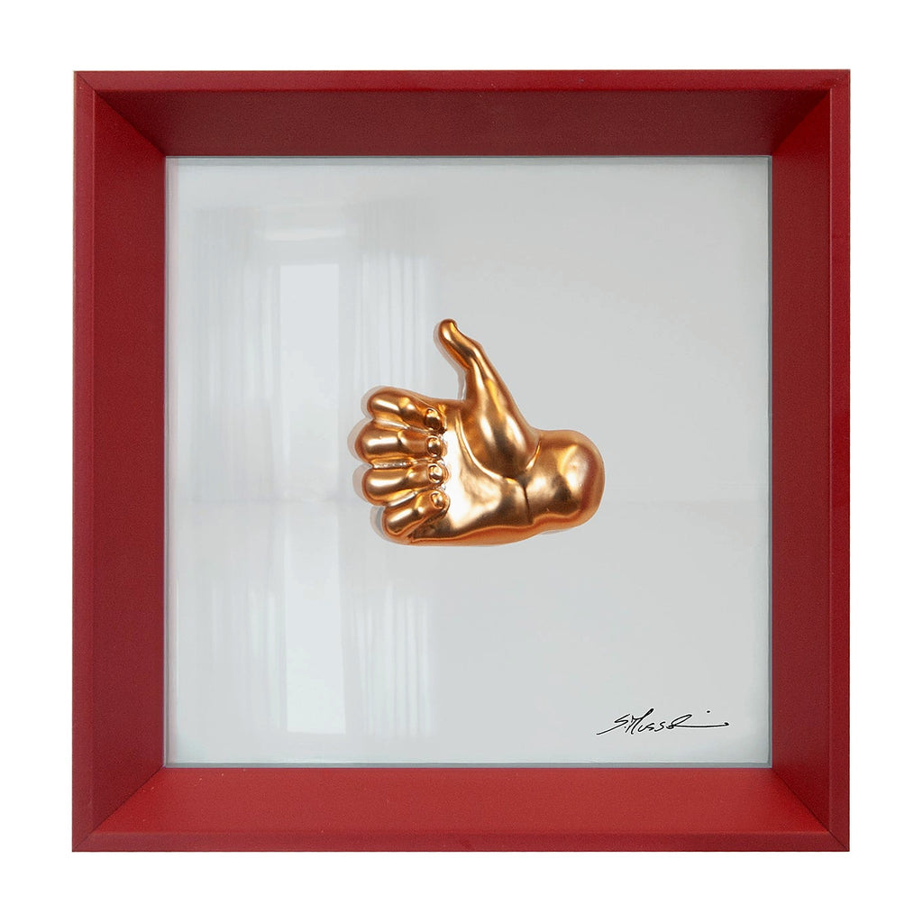 'O Like  - il linguaggio delle mani con scultura in resina oro cromato su quadro fondo in vetro e cornice bordeaux