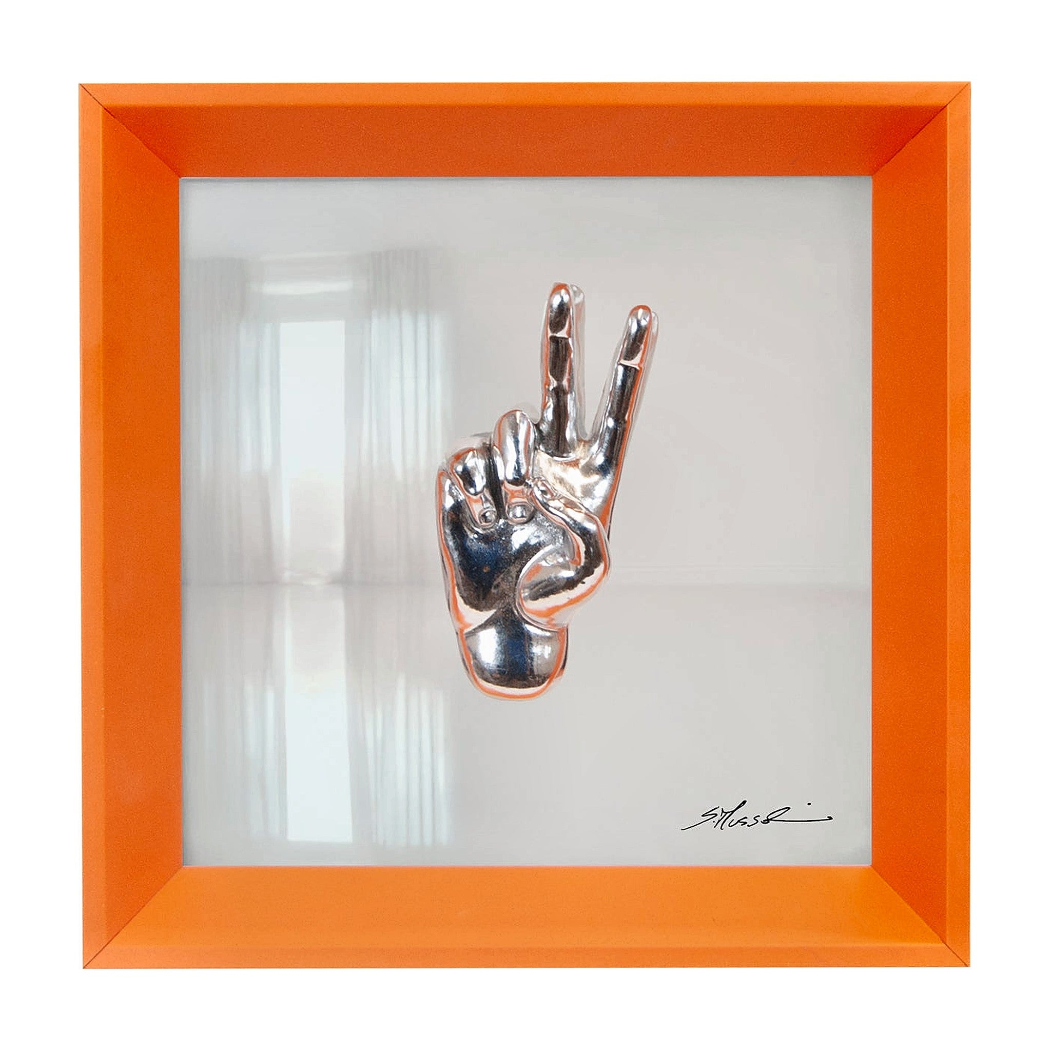 Prufessó, posso andare in bagno?  - il linguaggio delle mani con scultura in resina argento cromato su quadro fondo in vetro e cornice arancione