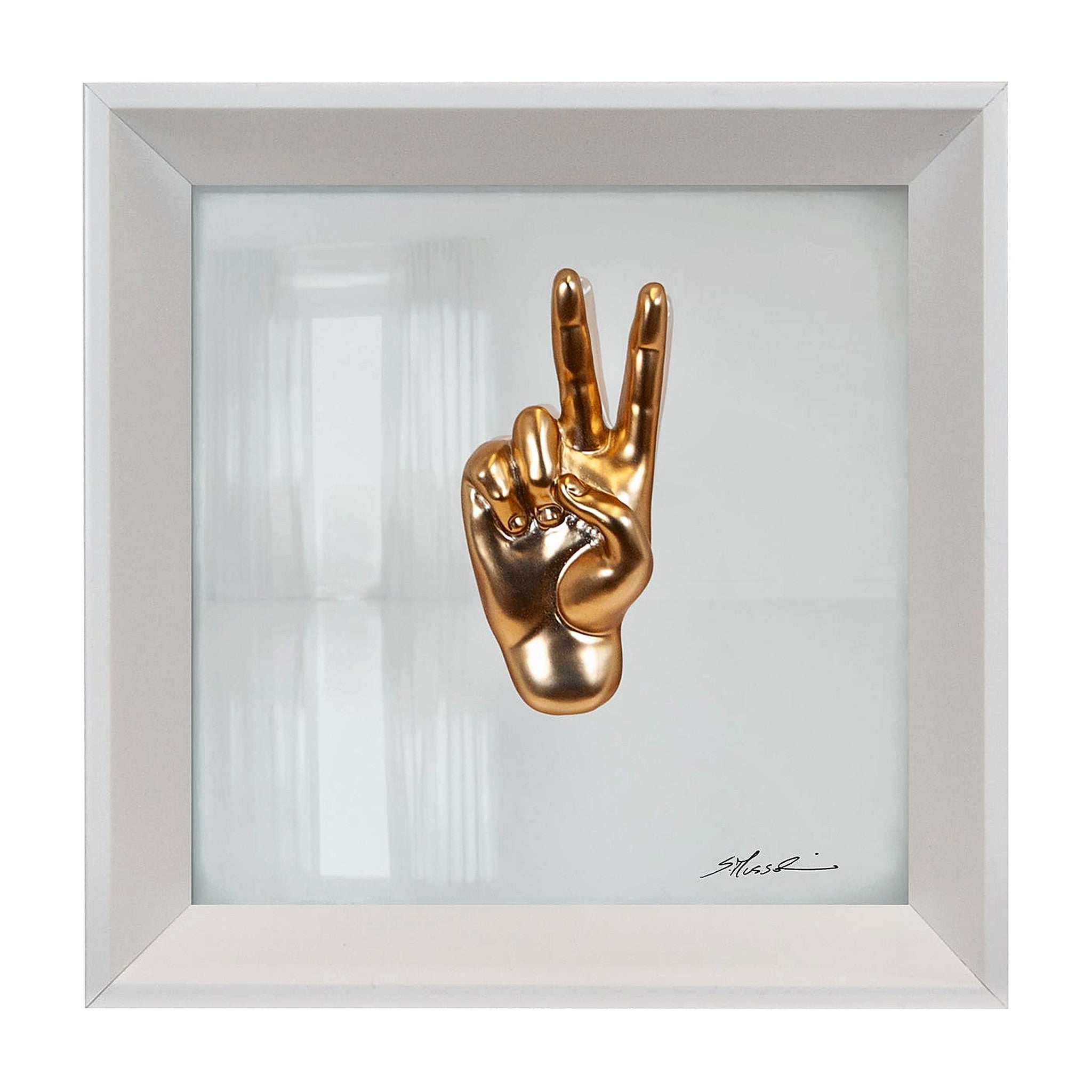 Prufessó, posso andare in bagno? - il linguaggio delle mani con scultura in resina oro cromato su quadro fondo in vetro e cornice bianca