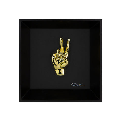 Prufessó, can I go to the bathroom? - the language of the hands with chromed sculpture in colored resin on a black background painting with an Italian handcrafted frame