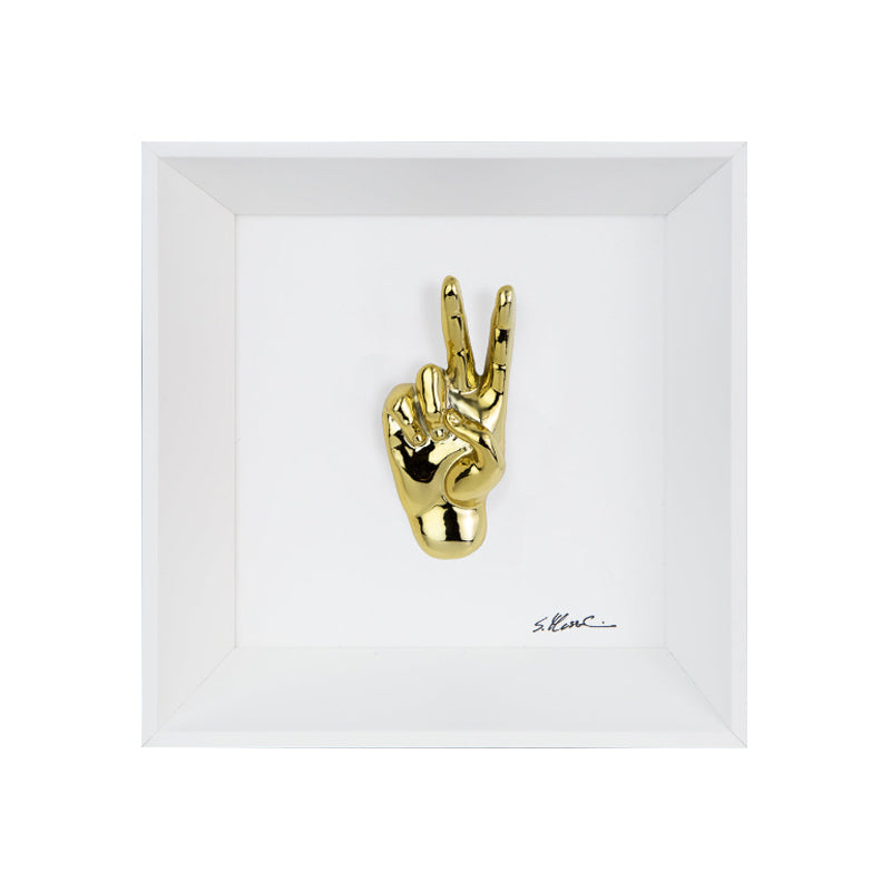 Prufessó, can I go to the bathroom? - the language of the hands with chromed sculpture in colored resin on a white background painting with an Italian handcrafted frame