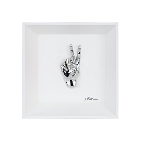 Prufessó, can I go to the bathroom? - the language of the hands with chromed sculpture in colored resin on a white background painting with an Italian handcrafted frame