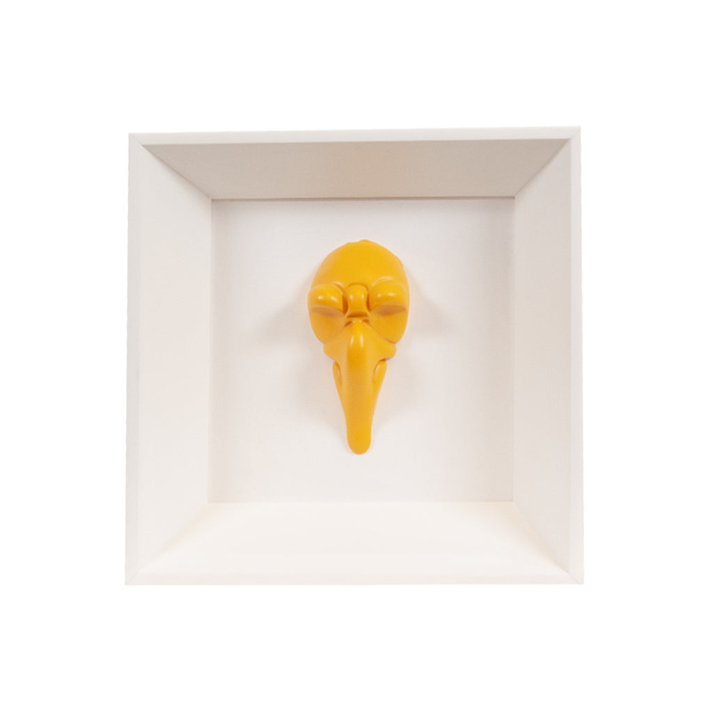 Pullecenella masks - sculptures in colored and chromed resin on colored cardboard and black background frame with Italian handcrafted frame