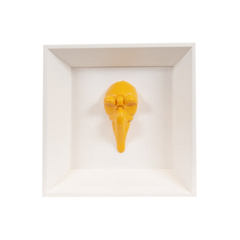 Pullecenella masks - sculptures in colored and chromed resin on colored cardboard and black background frame with Italian handcrafted frame