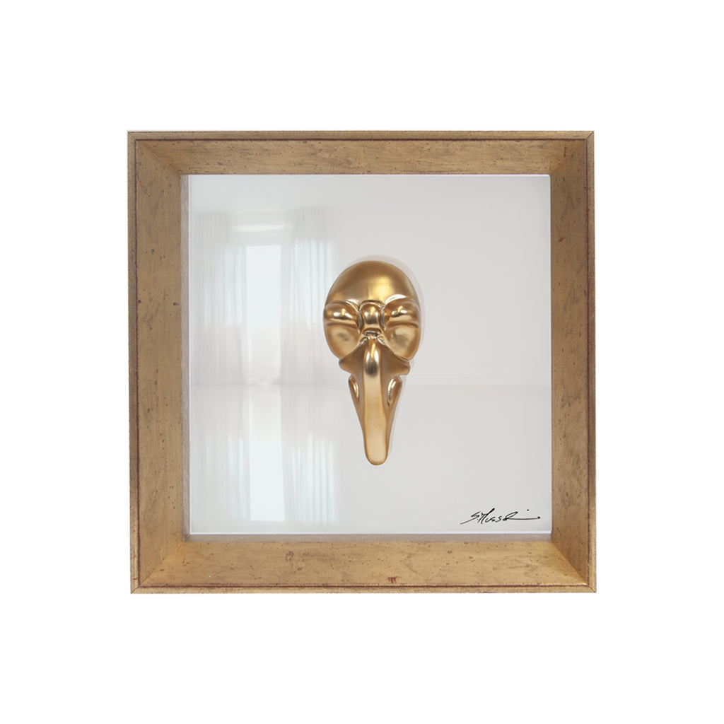Pullecenella masks - sculptures in colored and chromed resin on colored cardboard and black background frame with Italian handcrafted frame