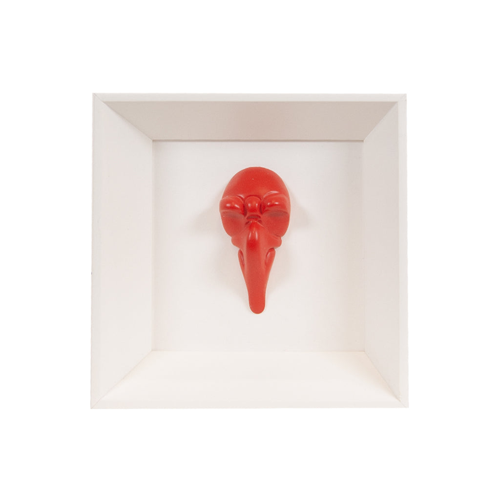 Pullecenella masks - sculptures in colored and chromed resin on colored cardboard and black background frame with Italian handcrafted frame