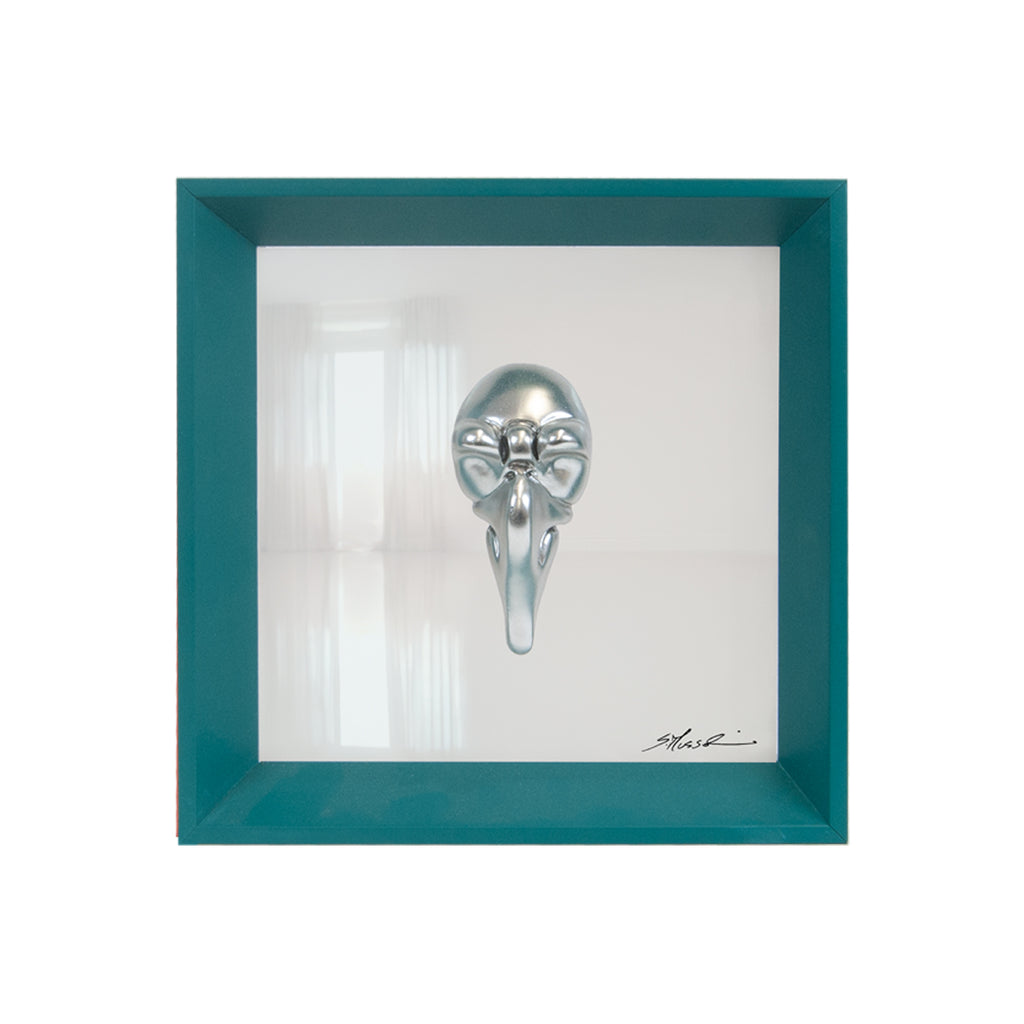 Pullecenella masks - sculptures in colored and chromed resin on colored cardboard and black background frame with Italian handcrafted frame
