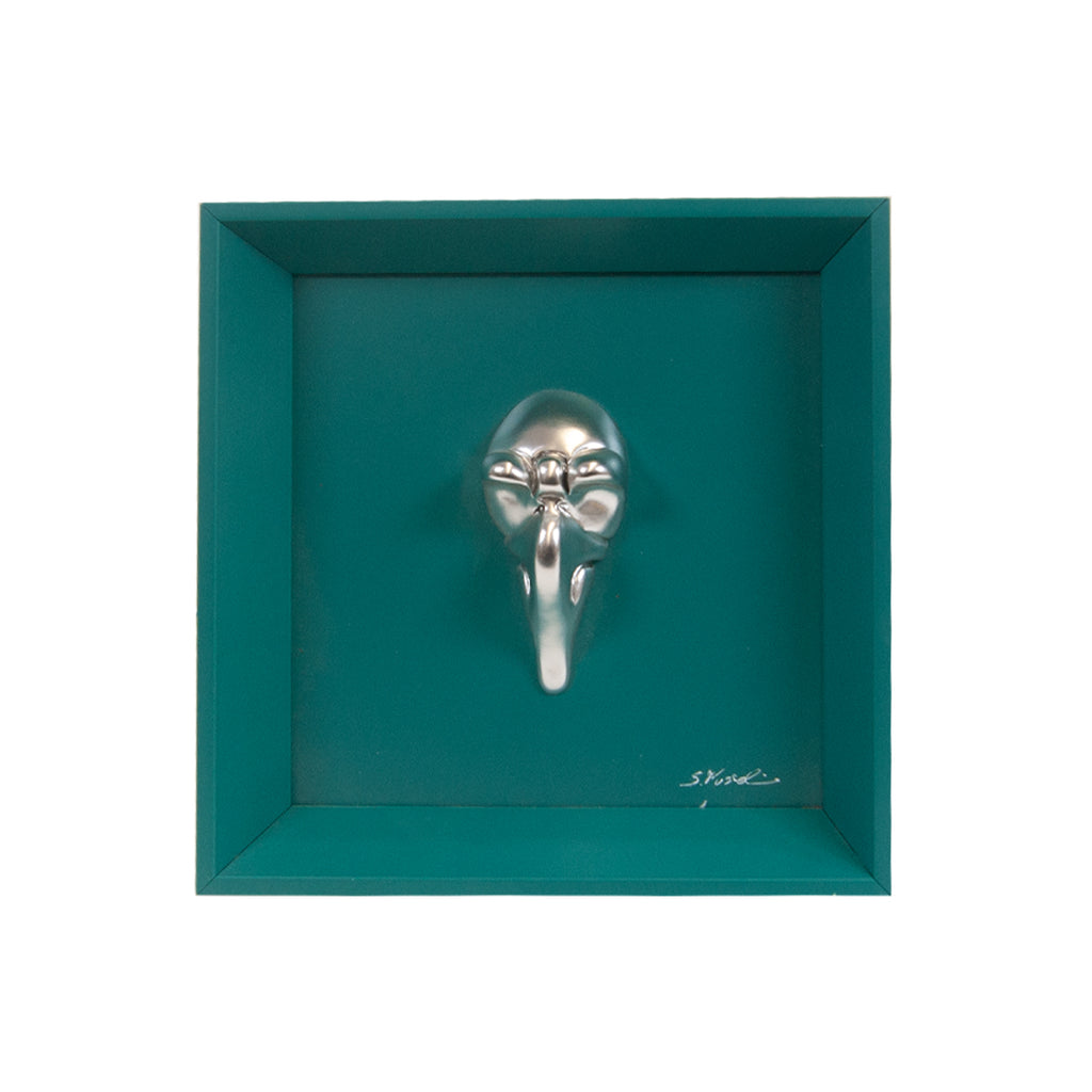 Pullecenella masks - sculptures in colored and chromed resin on colored cardboard and black background frame with Italian handcrafted frame