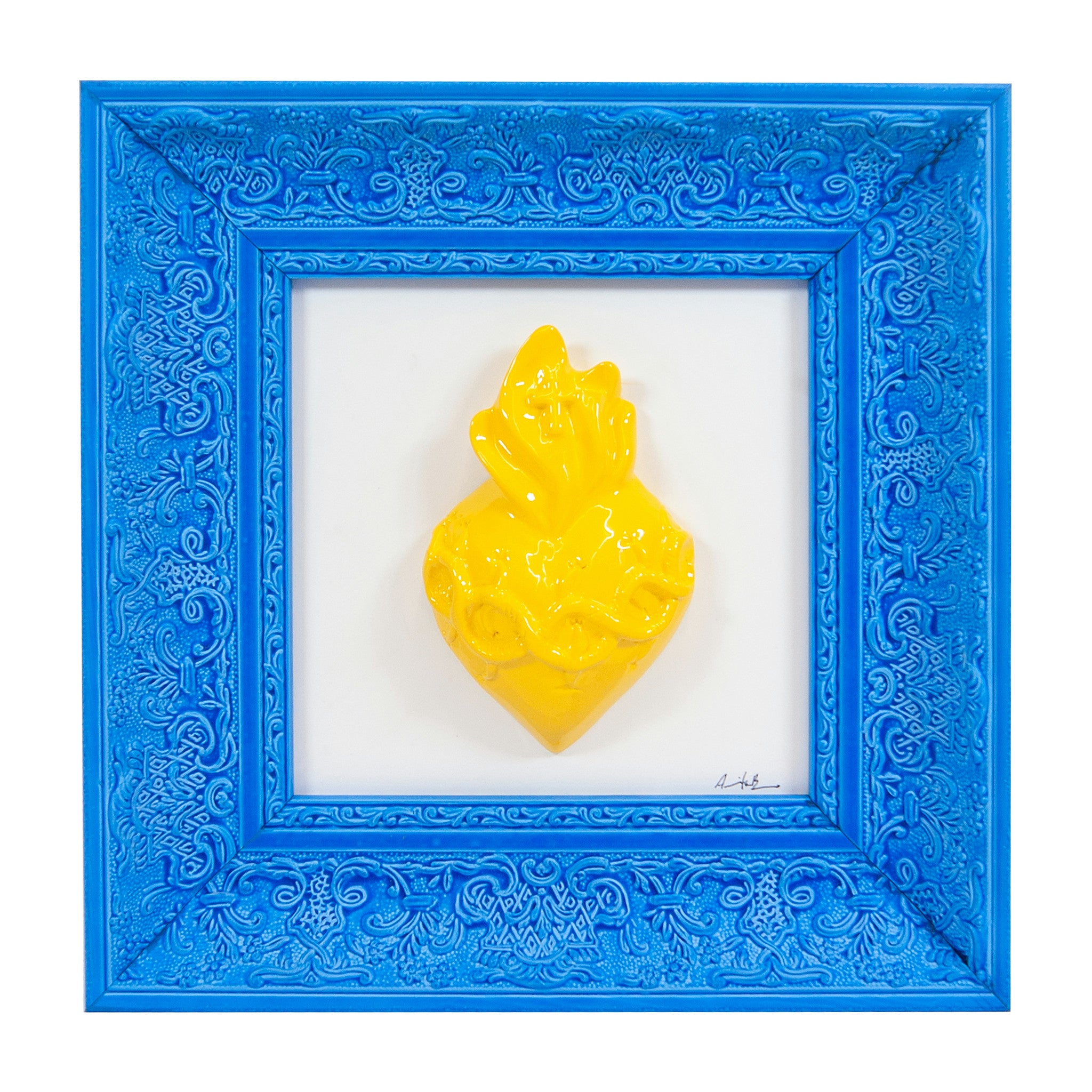 Quadro L'atu Core Multicolor Cuore Giallo Cornice Blu Chiaro 30x30