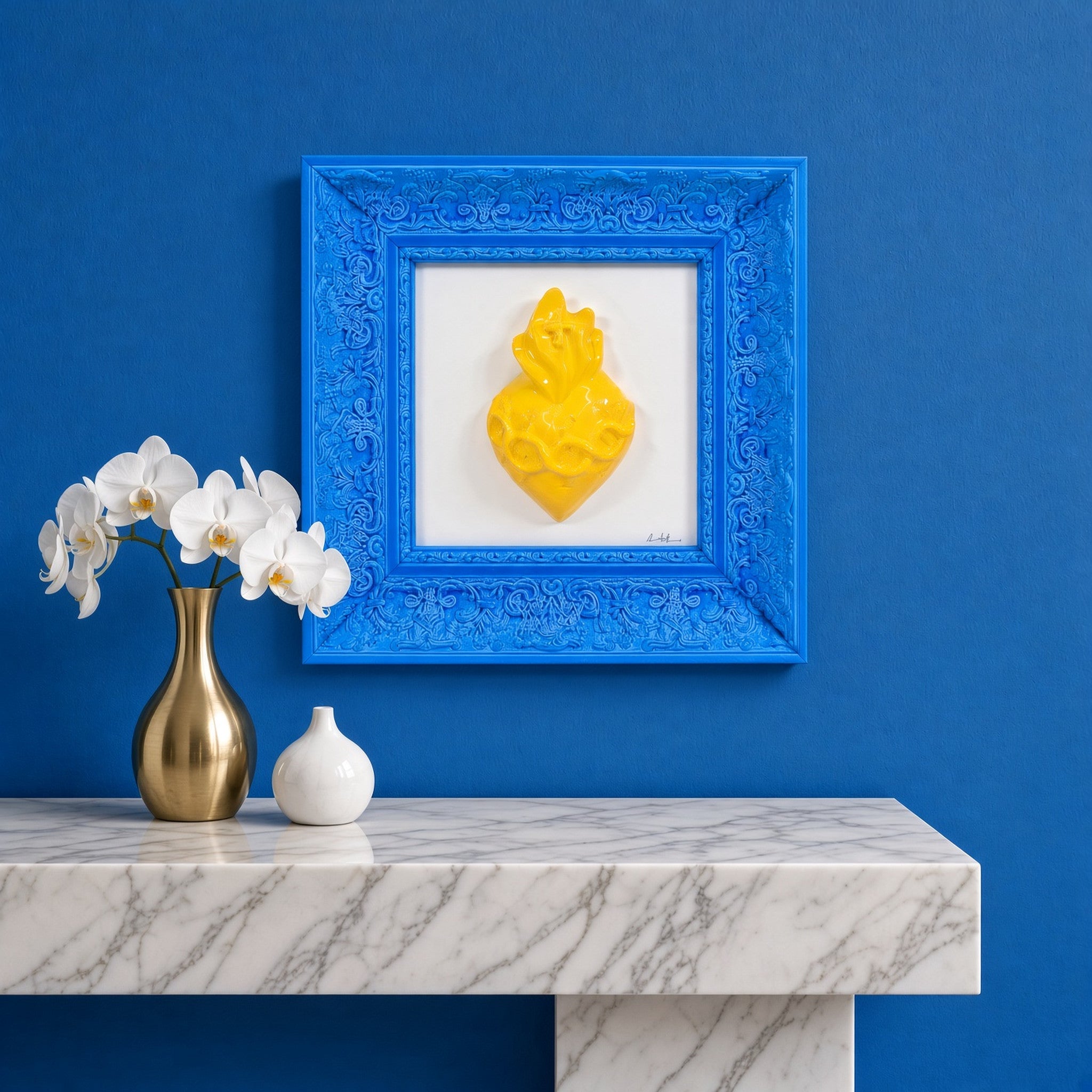 Quadro L'atu Core Multicolor Cuore Giallo Cornice Blu Chiaro 30x30