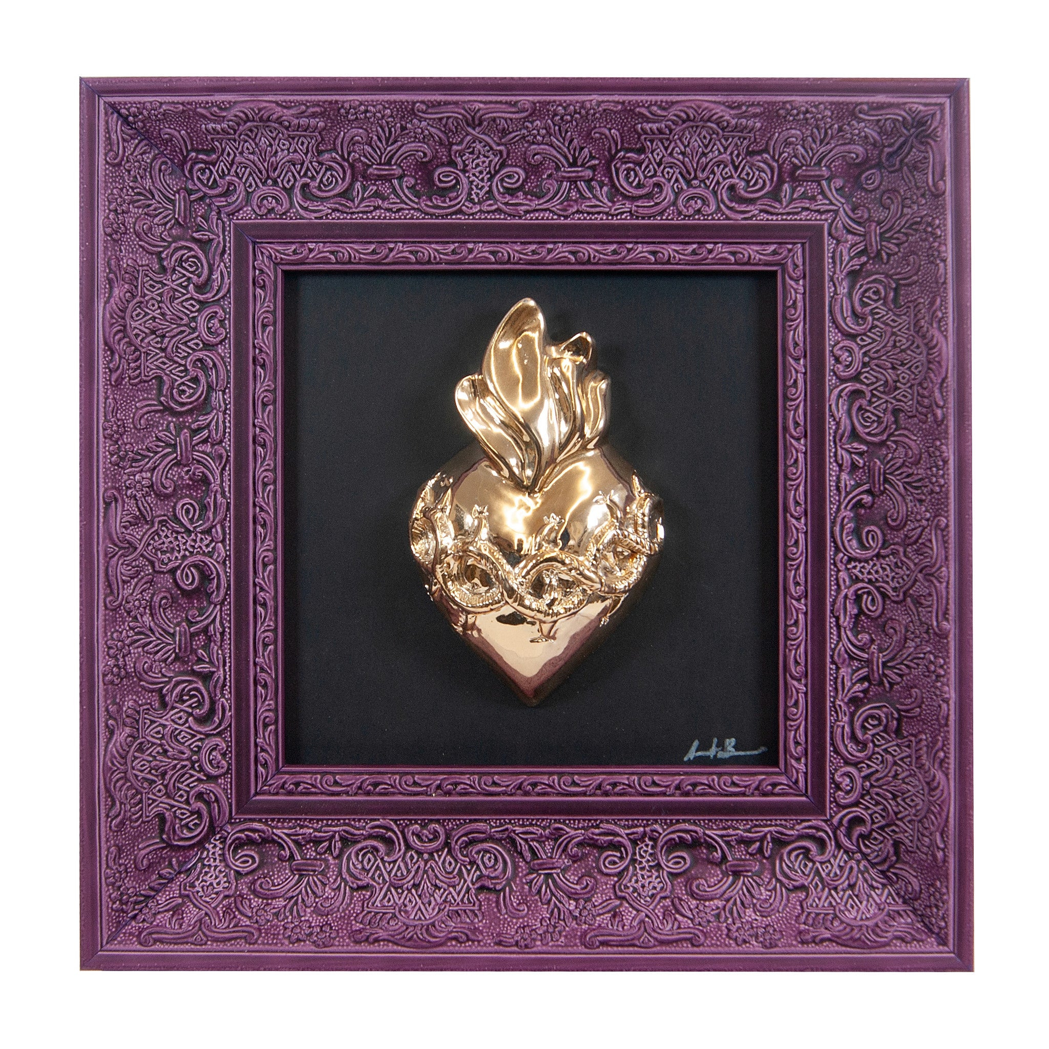 Quadro L'atu Core Multicolor Cuore Oro Cornice Viola 30x30