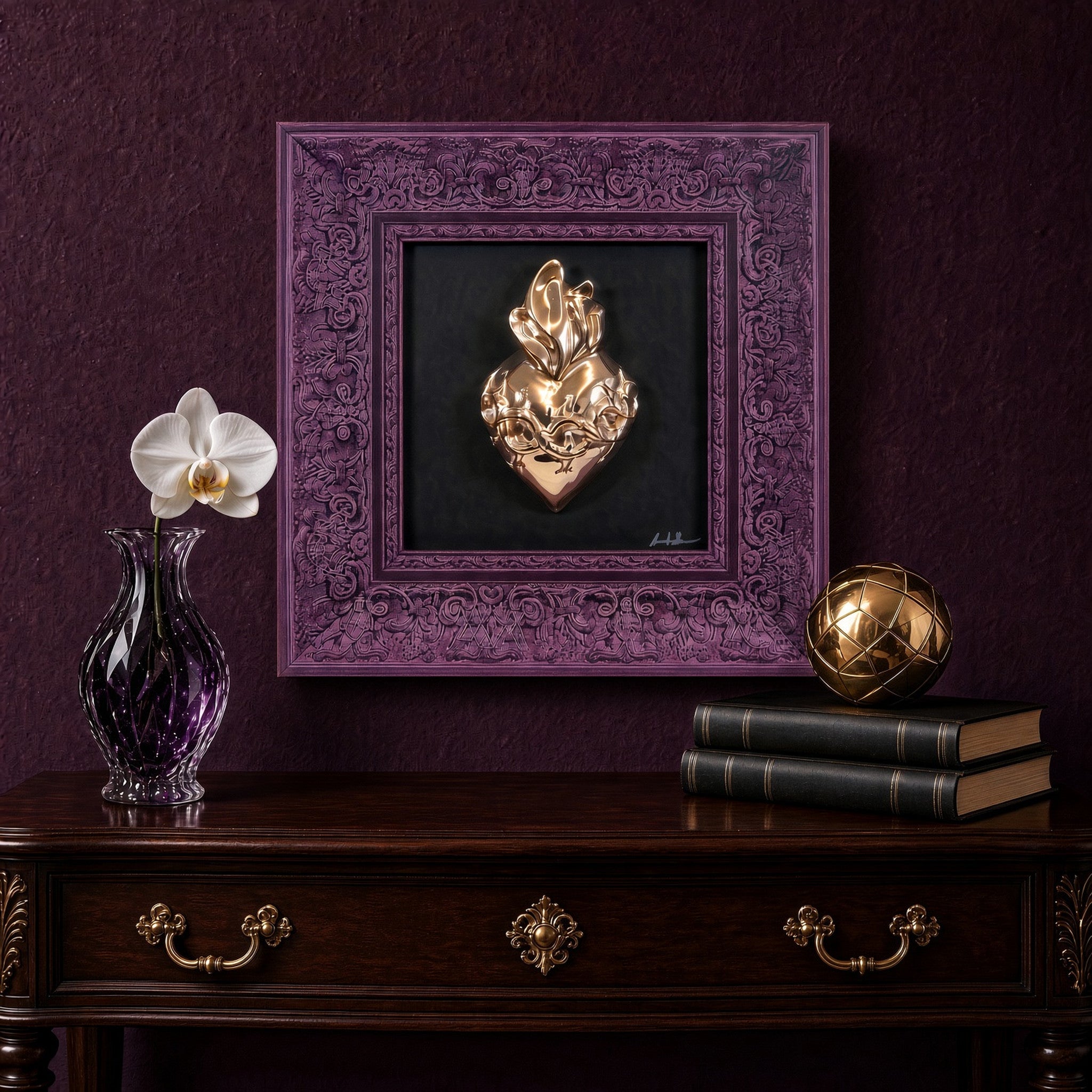 Quadro L'atu Core Multicolor Cuore Oro Cornice Viola 30x30