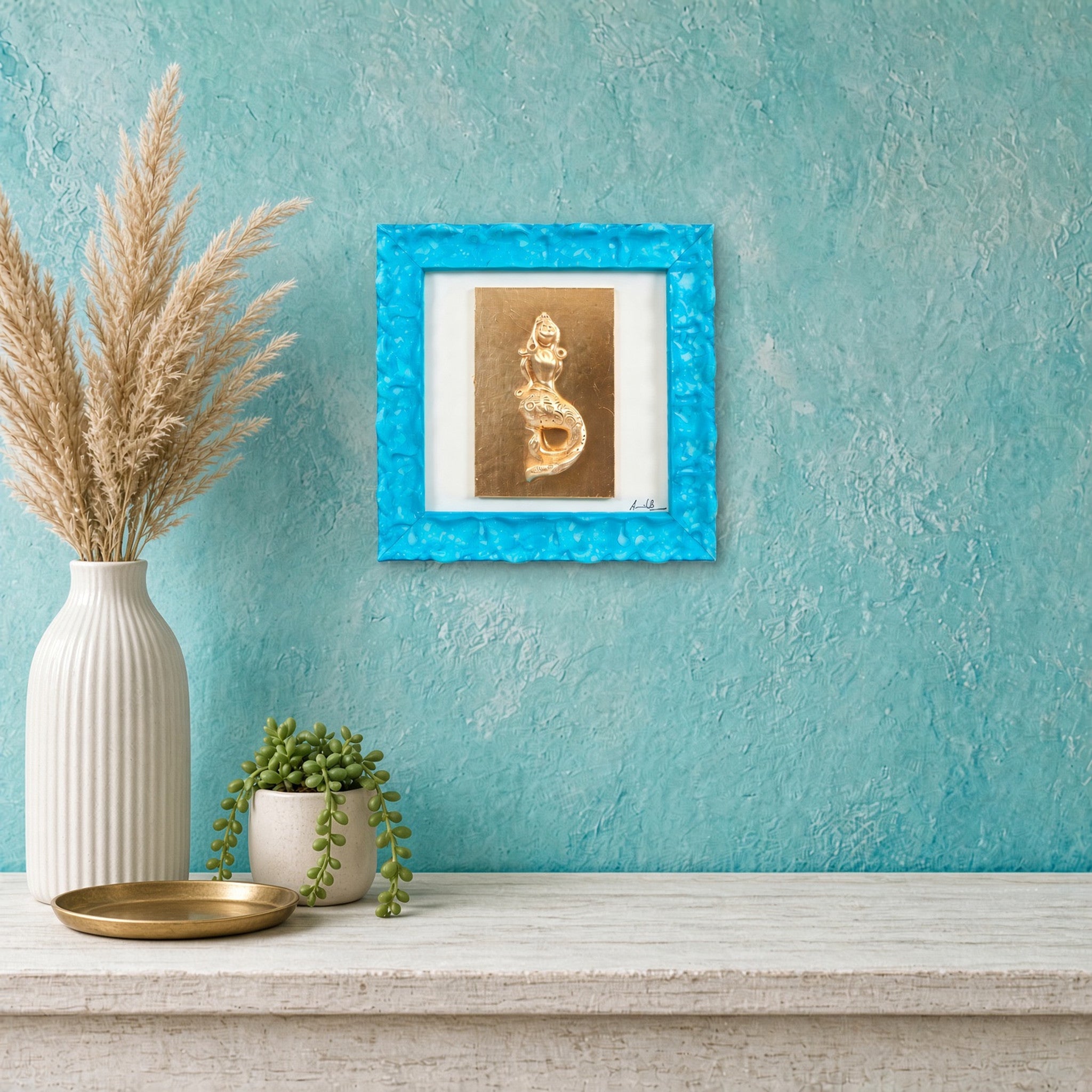 Quadro Sirena Oro Monocrome Azzurro 19x19