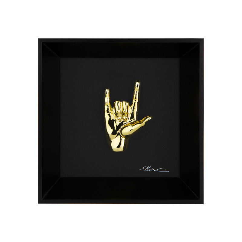 Rock 'n roll - the language of the hands with sculpture in chromed resin on a black background painting with an Italian handcrafted frame