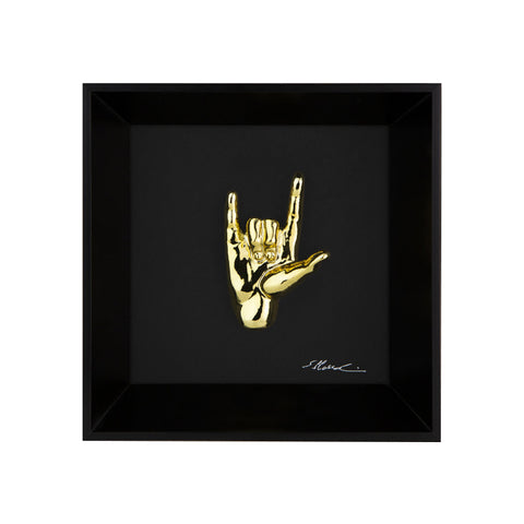 Rock 'n roll - the language of the hands with sculpture in chromed resin on a black background painting with an Italian handcrafted frame