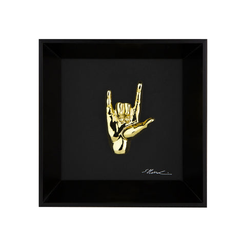Rock 'n roll - il linguaggio delle mani con scultura in resina cromata su quadro fondo nero con cornice artigianale italiana