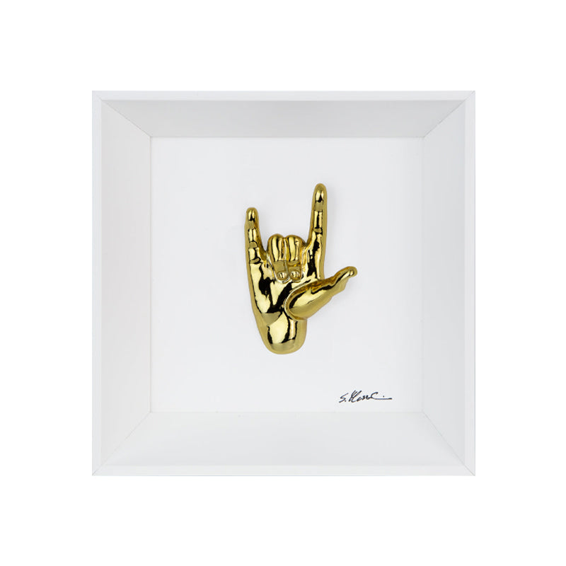 Rock 'n roll - il linguaggio delle mani con scultura in resina cromata su quadro fondo bianco con cornice artigianale italiana
