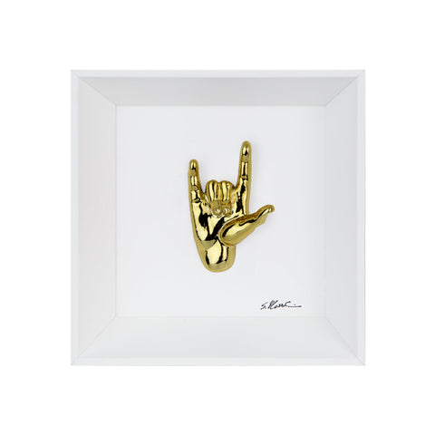 Rock 'n roll - il linguaggio delle mani con scultura in resina cromata su quadro fondo bianco con cornice artigianale italiana