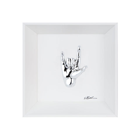 Rock 'n roll - the language of the hands with sculpture in chromed resin on a white background painting with an Italian handcrafted frame