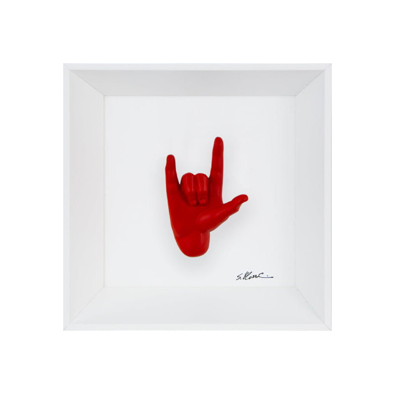 Rock 'n roll - the language of the hands with resin sculpture on a white background frame with an Italian handcrafted frame