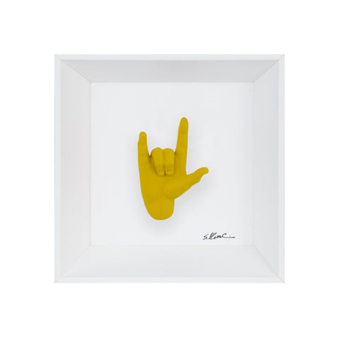 Rock 'n roll - il linguaggio delle mani con scultura in resina su quadro fondo bianco con cornice artigianale italiana
