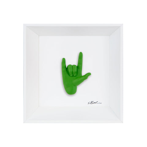 Rock 'n roll - il linguaggio delle mani con scultura in resina su quadro fondo bianco con cornice artigianale italiana