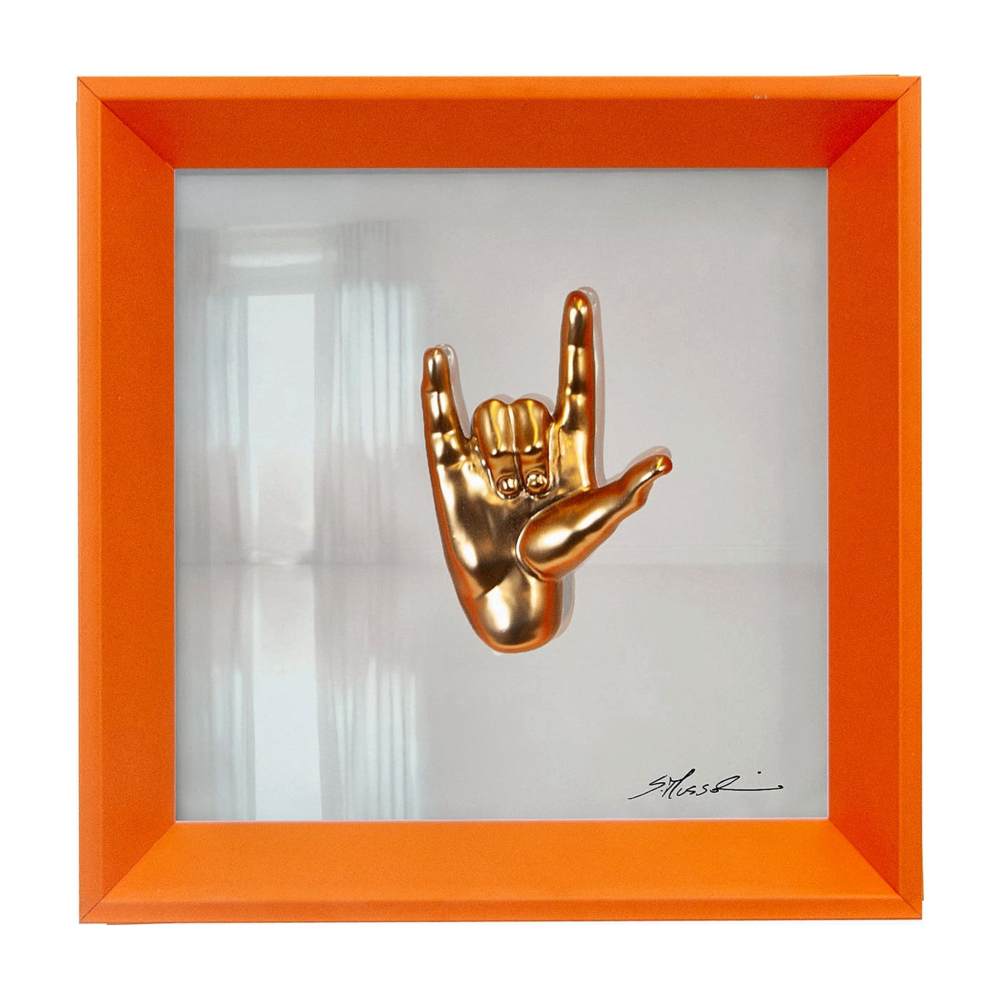 Rock 'n roll - il linguaggio delle mani con scultura in resina oro cromato su quadro fondo in vetro e cornice arancione