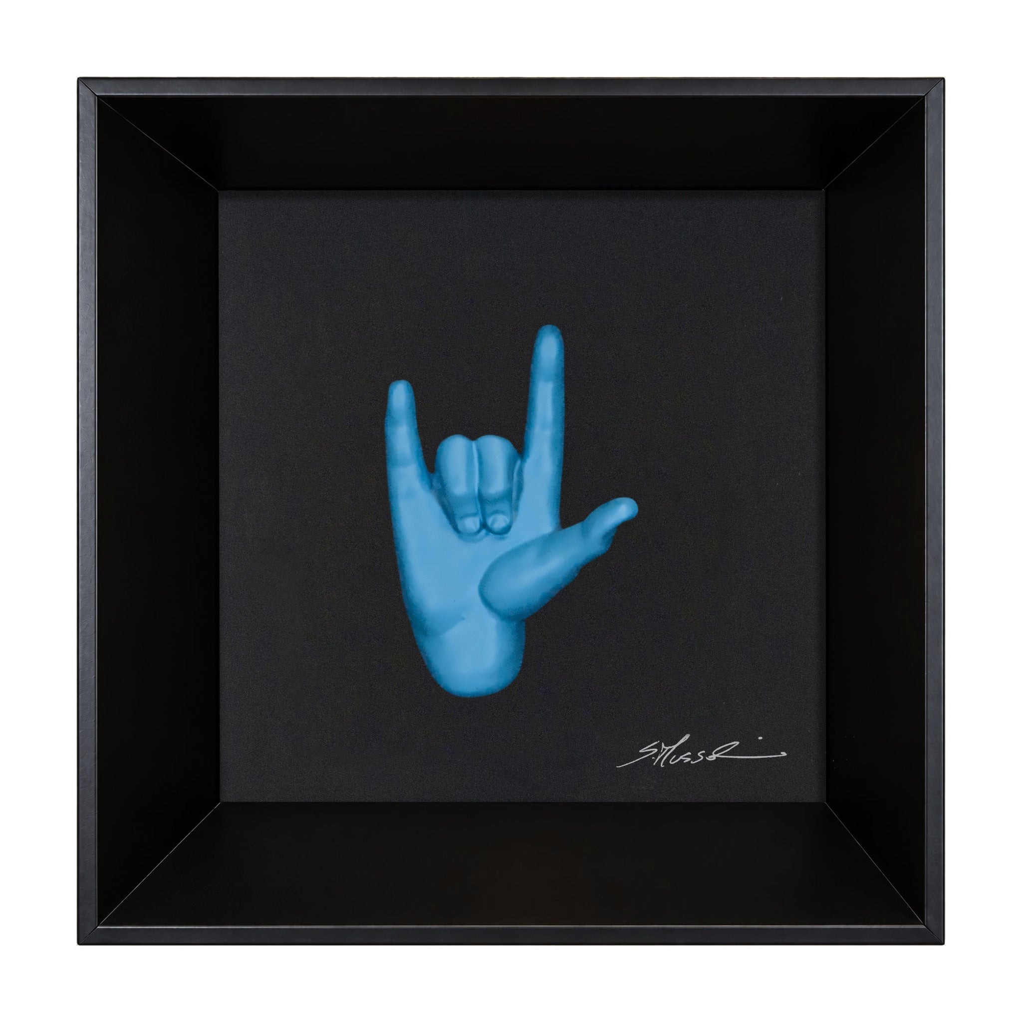 Rock 'n roll - il linguaggio delle mani con scultura in resina su quadro fondo nero con cornice artigianale italiana