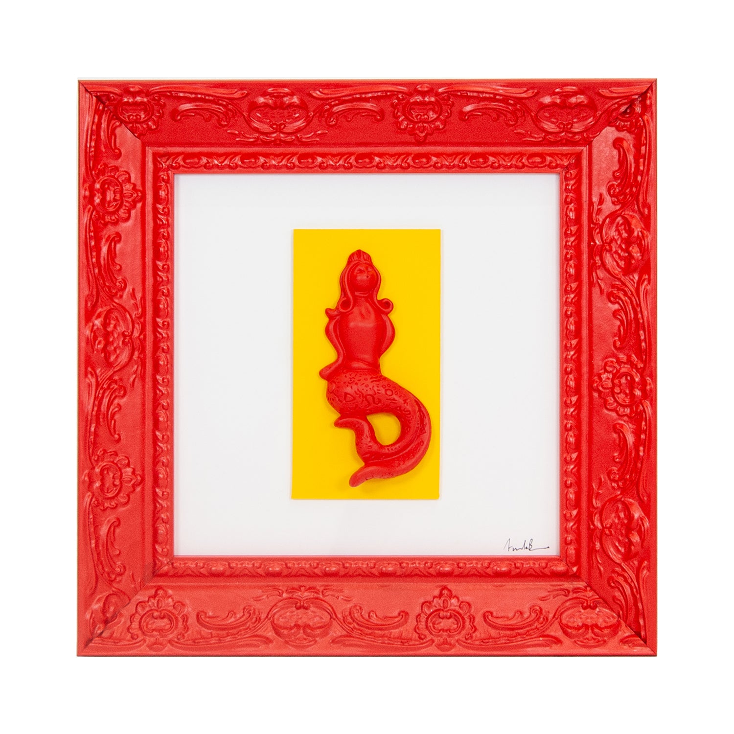 Regina Partenope - scultura in resina colorata rosso della sirena Regina Partenope su cartoncino giallo in cornice artigianale italiana