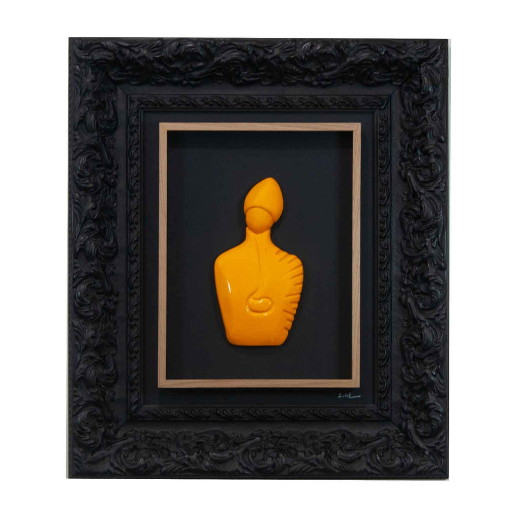 Il nuovo San Gennaro - scultura in resina arancione lucida su fondo nero in cornice barocca