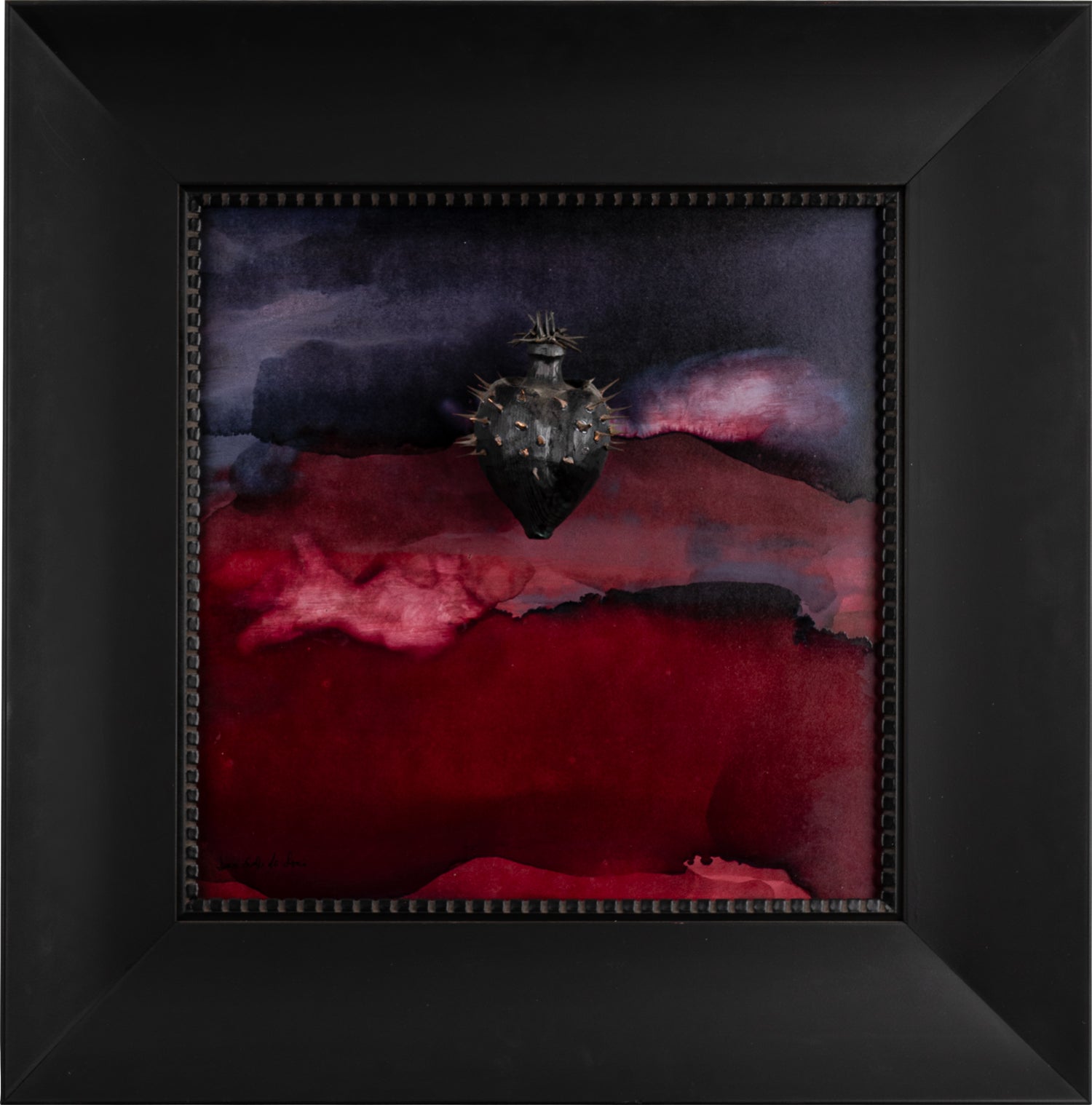 Nigrum Cordis - scultura in legno con spine e chiodi in ferro su quadro fondo pink dark protetto da cornice artigianale italiana (72x72)