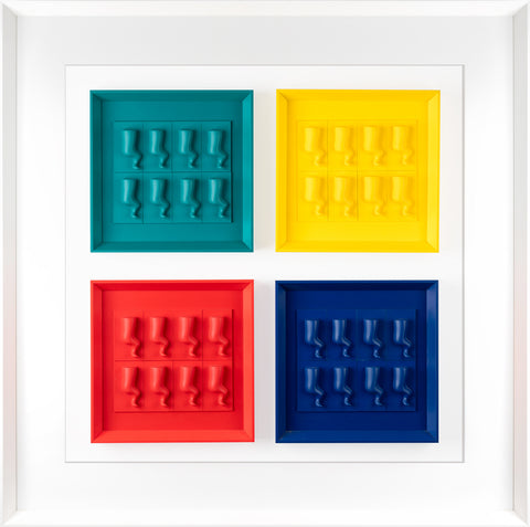 Horns - colored sculptures on a white background with colored cardboard and Italian handcrafted frame