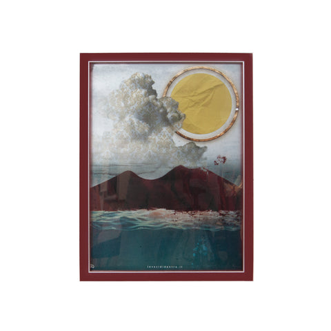 Vesuvio, terra mia - grafica d'autore sui simboli di Napoli con cornice bordeaux artigianale italiana