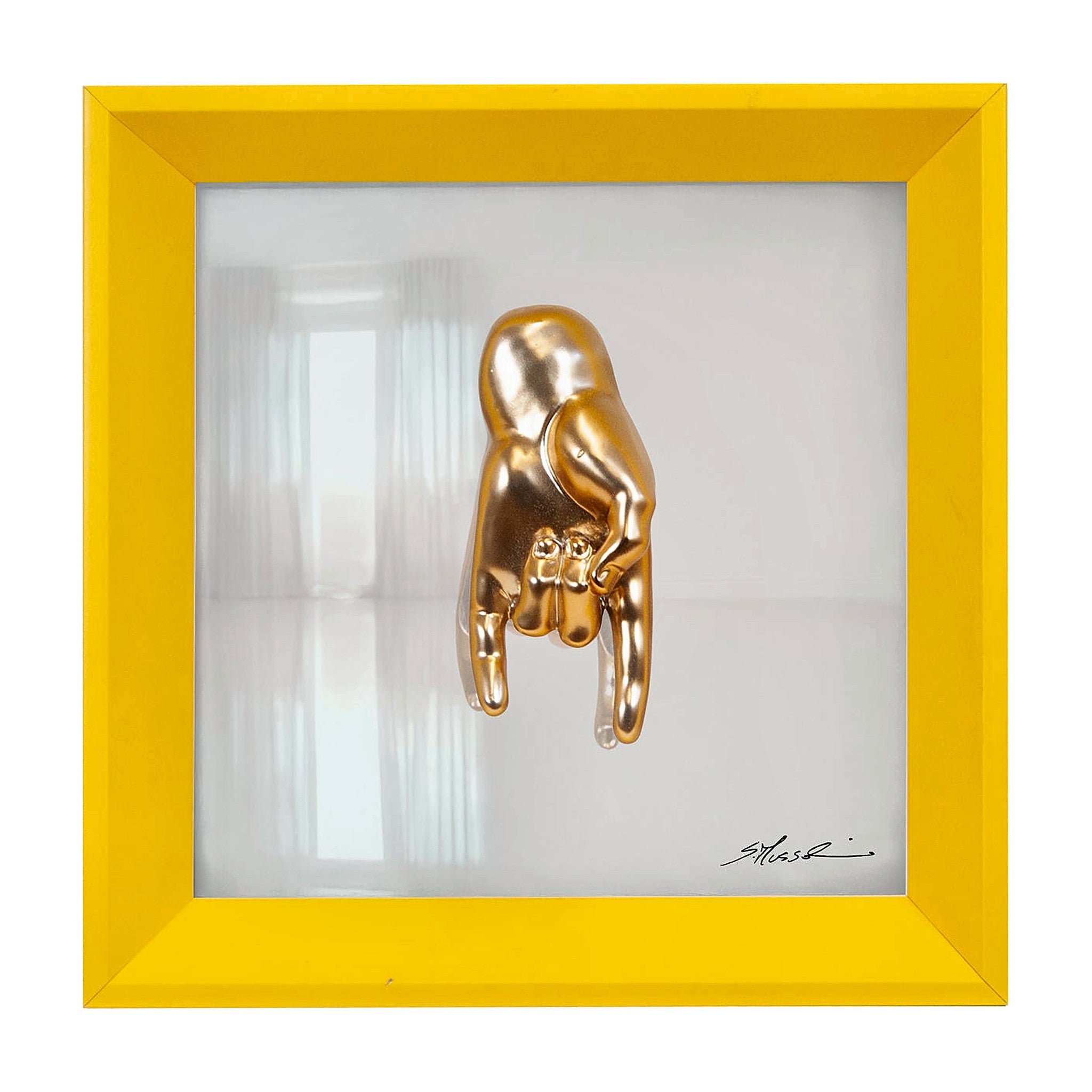 Tié tiè - il linguaggio delle mani con scultura in resina oro cromata su quadro fondo in vetro e cornice gialla