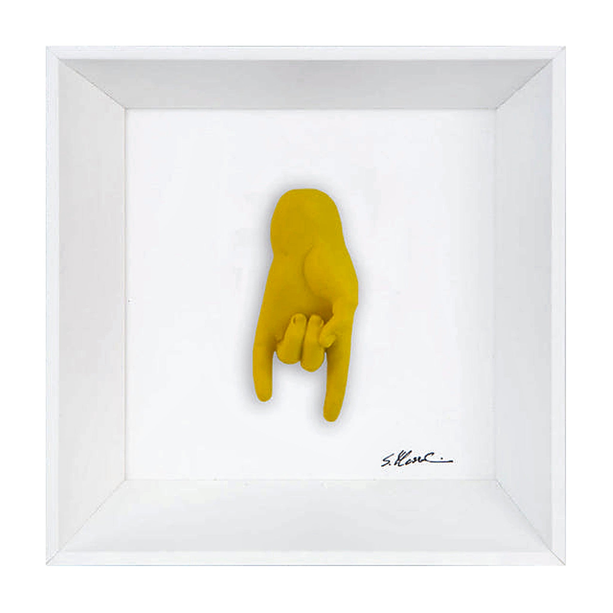 Tié tiè - il linguaggio delle mani con scultura in resina su quadro fondo bianco con cornice artigianale italiana