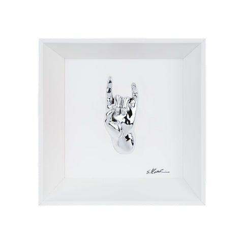 Tien 'e ccorn - the language of the hands with sculpture in chromed resin on a white background painting with an Italian handcrafted frame