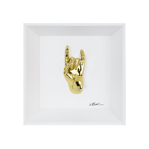 Tien 'e ccorn - the language of the hands with sculpture in chromed resin on a white background painting with an Italian handcrafted frame