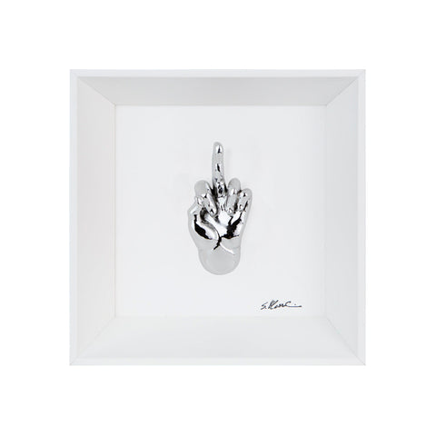Ma Vafancul - the language of the hands with sculpture in chromed resin on a white background painting with an Italian handcrafted frame