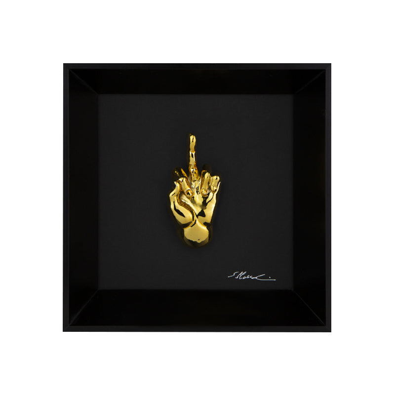 Ma Vafancul - the language of the hands with sculpture in chromed resin on a black background painting with an Italian handcrafted frame