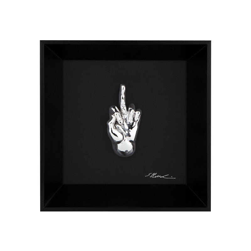Ma Vafancul - the language of the hands with sculpture in chromed resin on a black background painting with an Italian handcrafted frame