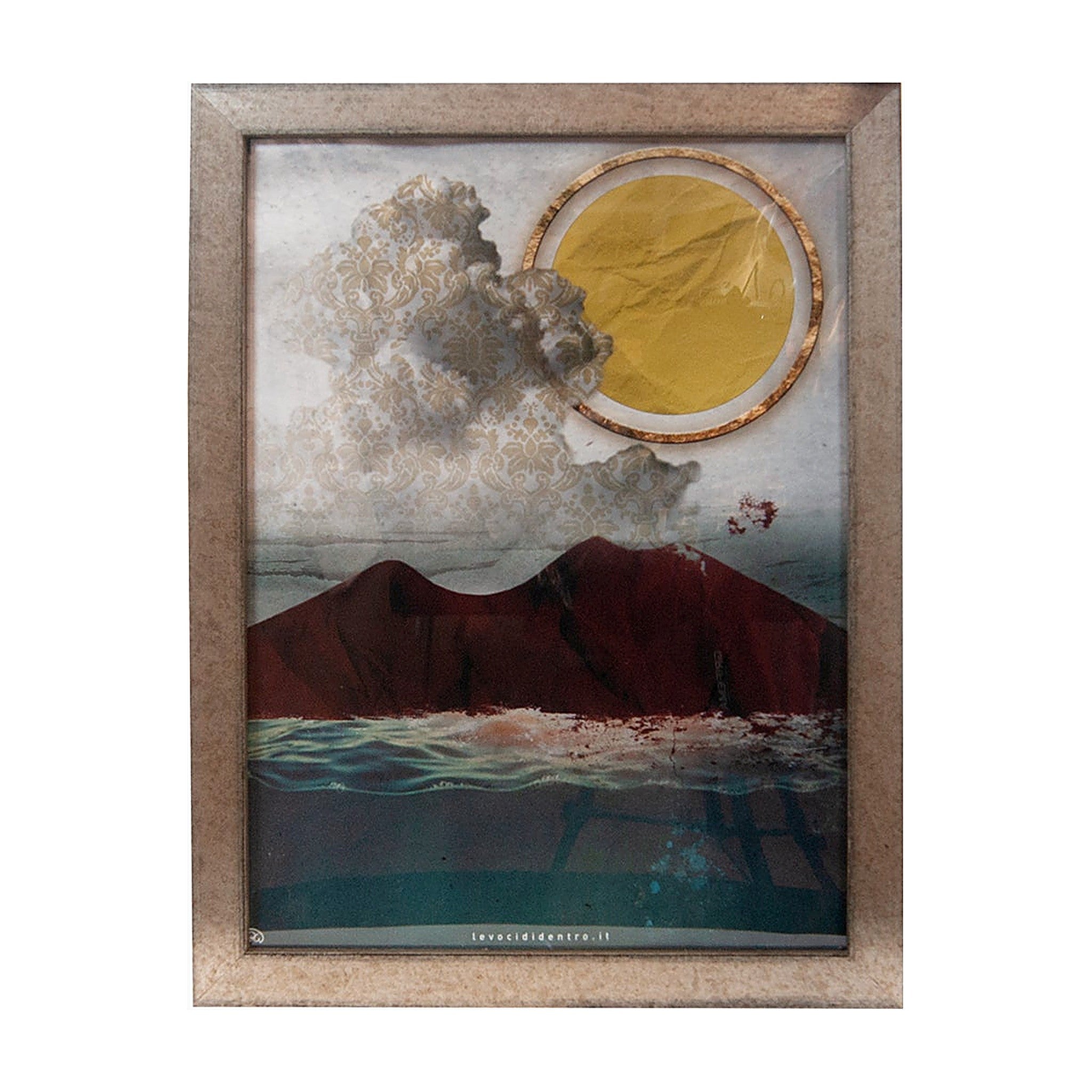 Vesuvio, terra mia - grafica d'autore sui simboli di Napoli con cornice argento artigianale italiana