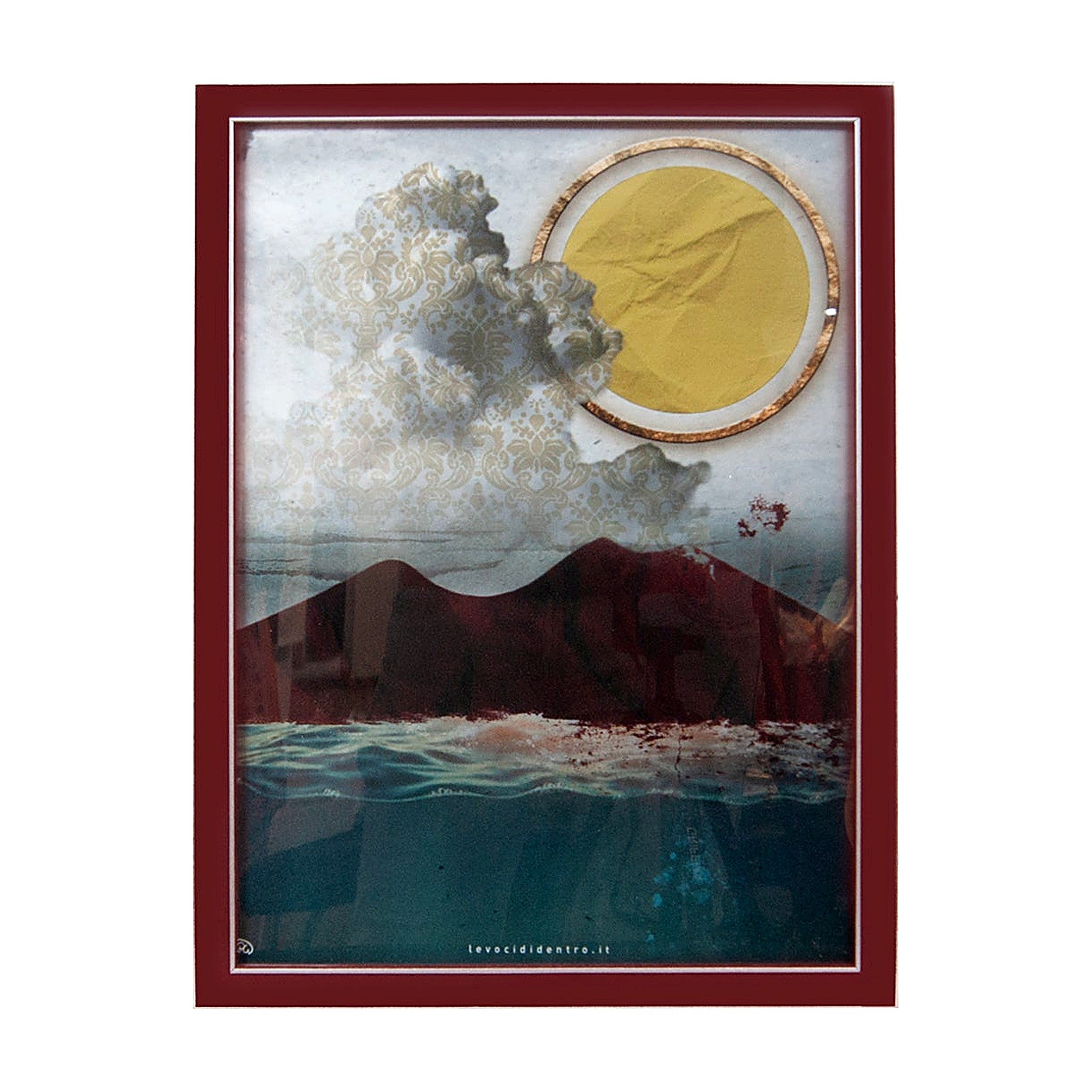 Vesuvio, terra mia - grafica d'autore sui simboli di Napoli con cornice bordeaux artigianale italiana