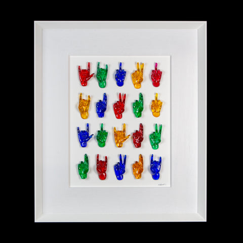 Multimani - sculptures in colored fiberglass on a white background frame with an Italian handcrafted frame