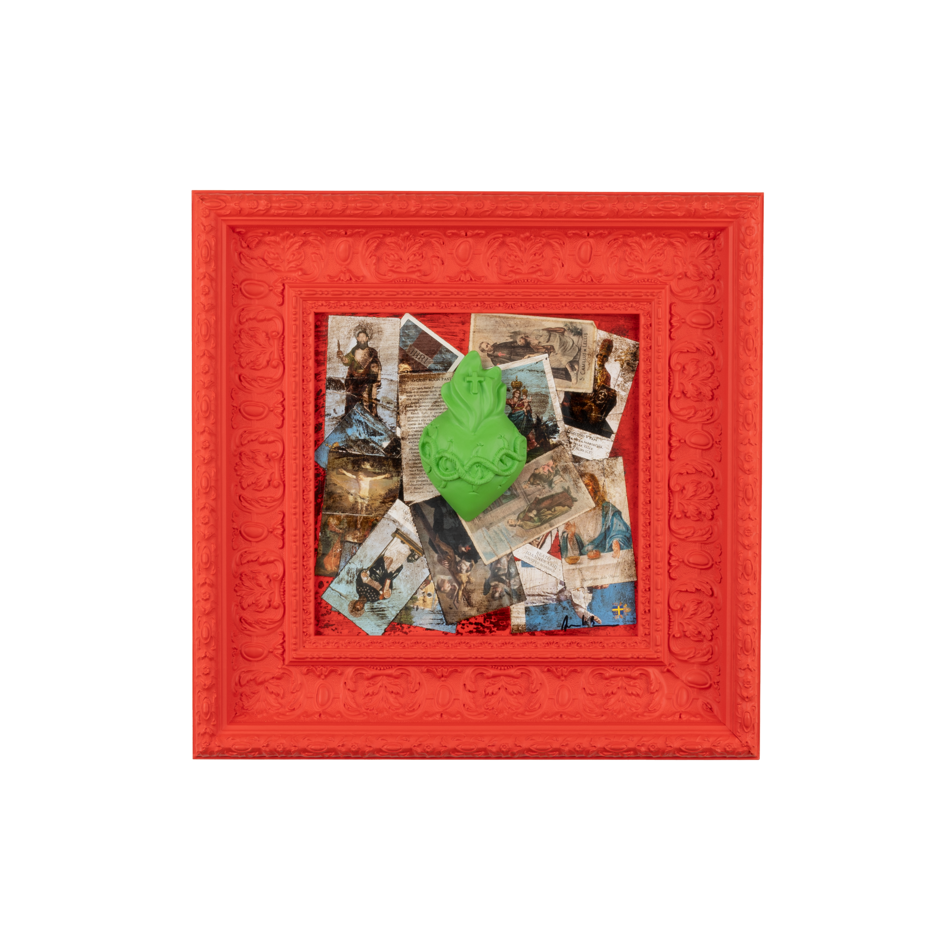 Devozione, edicola votiva - sculture in resina colorata con grafiche su quadro rosso (vers. 47x47)