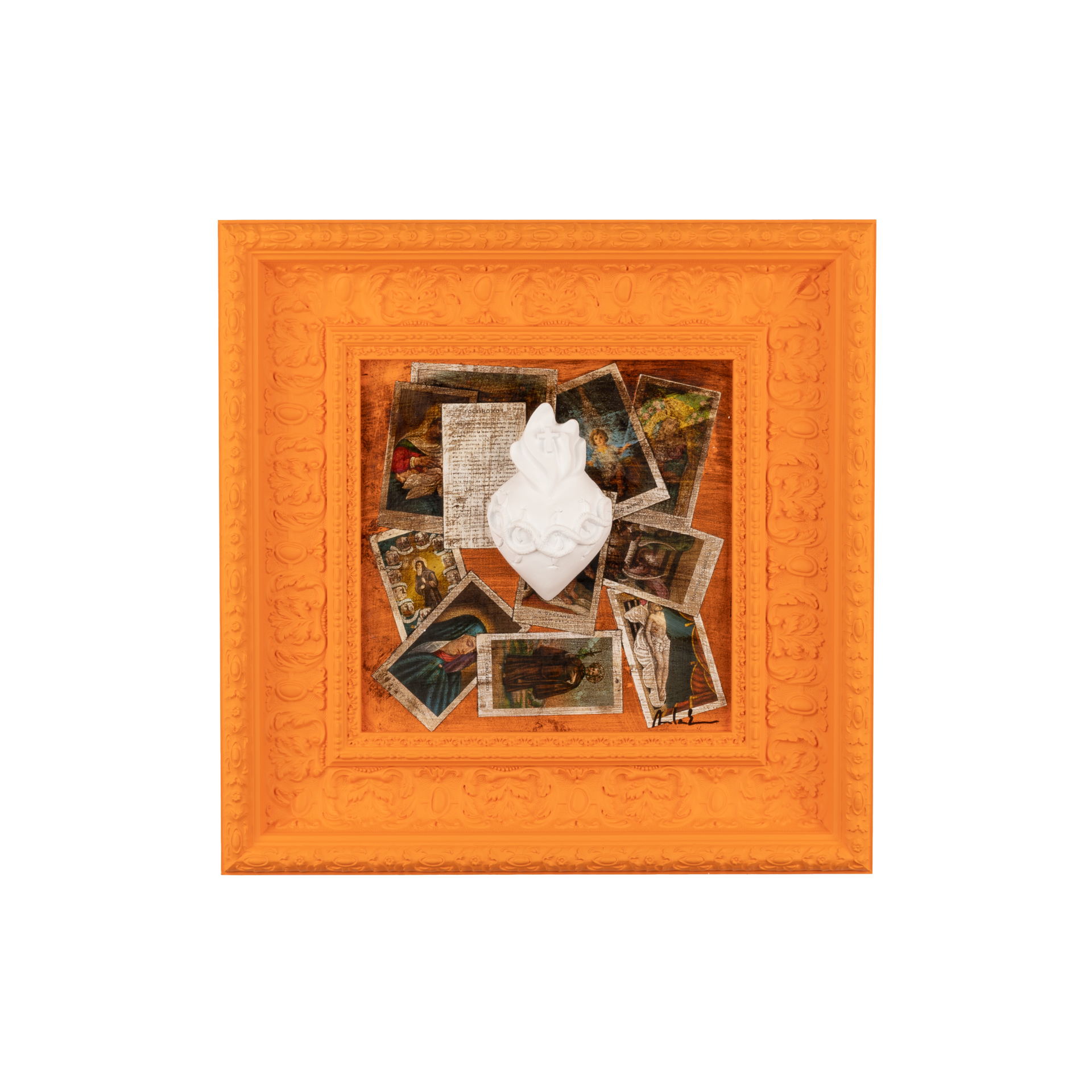 Devotion, votive shrine - colored resin sculptures with graphics on an orange frame (47x47 vers.)