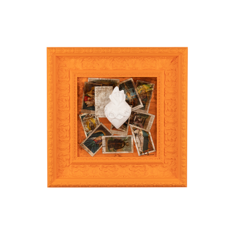 Devotion, votive shrine - colored resin sculptures with graphics on an orange frame (47x47 vers.)