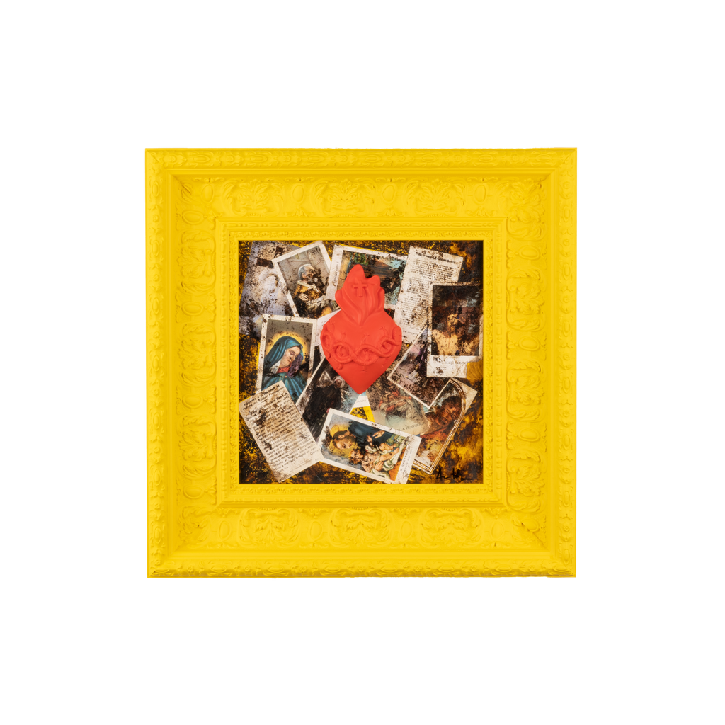 Devotion, votive aedicule - colored resin sculptures with graphics on a yellow framework (47x47 vers.)