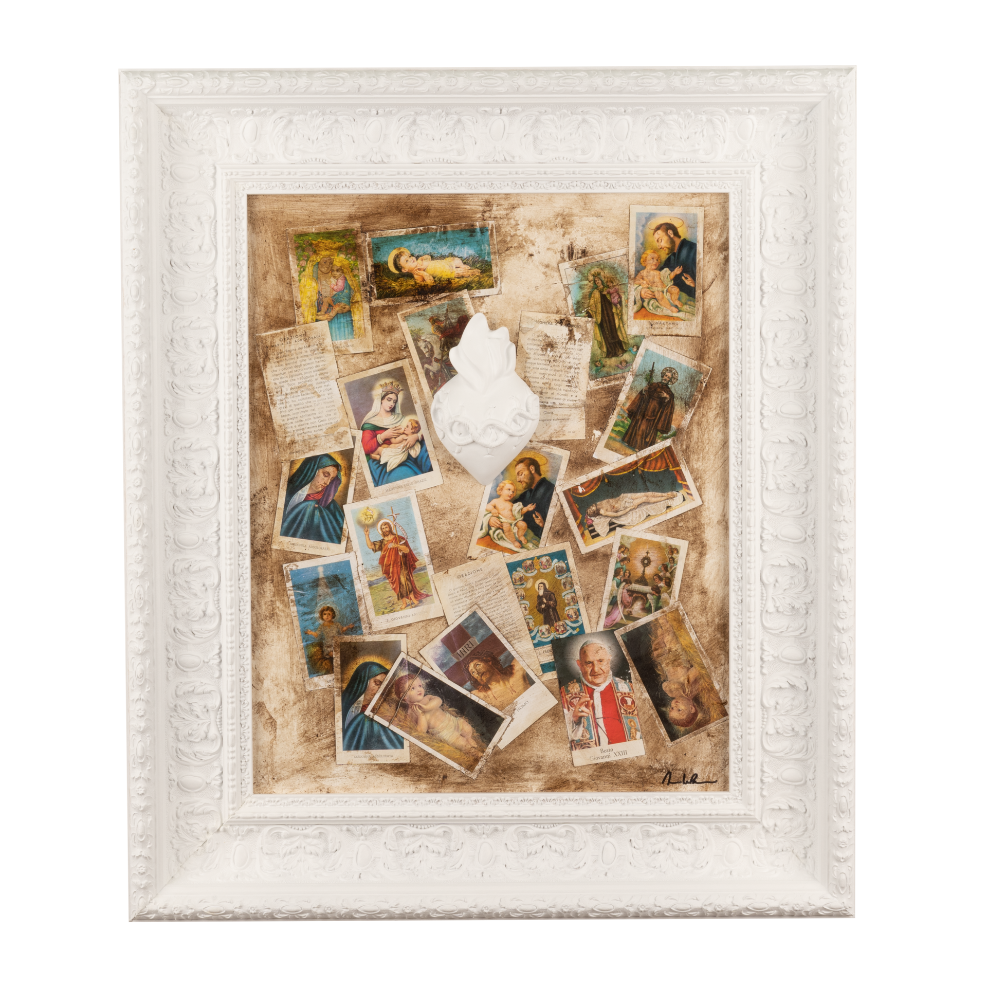 Devotion, votive aedicule - sculptures in colored resin with graphics on a white board (vers. 59x69)